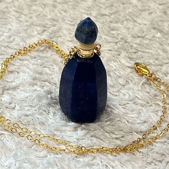 Lapis Lazuli Perfume Bottle Pendant Necklace‎ Gold Chain 20" Blue Stone - Picture 10 of 10